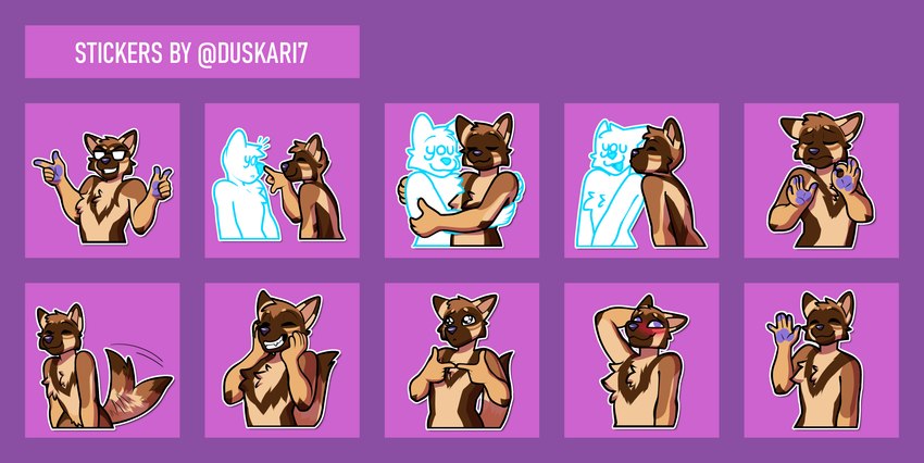 5_fingers anthro blush boop finger_gun fingerpads fingers gesture hand_gesture hand_sign happy hug kissing_cheek male male_anthro pawpads shy sticker_pack tail tail_motion tailwag waving duskari7 ych_(character) canid canine canis domestic_dog german_shepherd herding_dog mammal pastoral_dog absurd_res hi_res