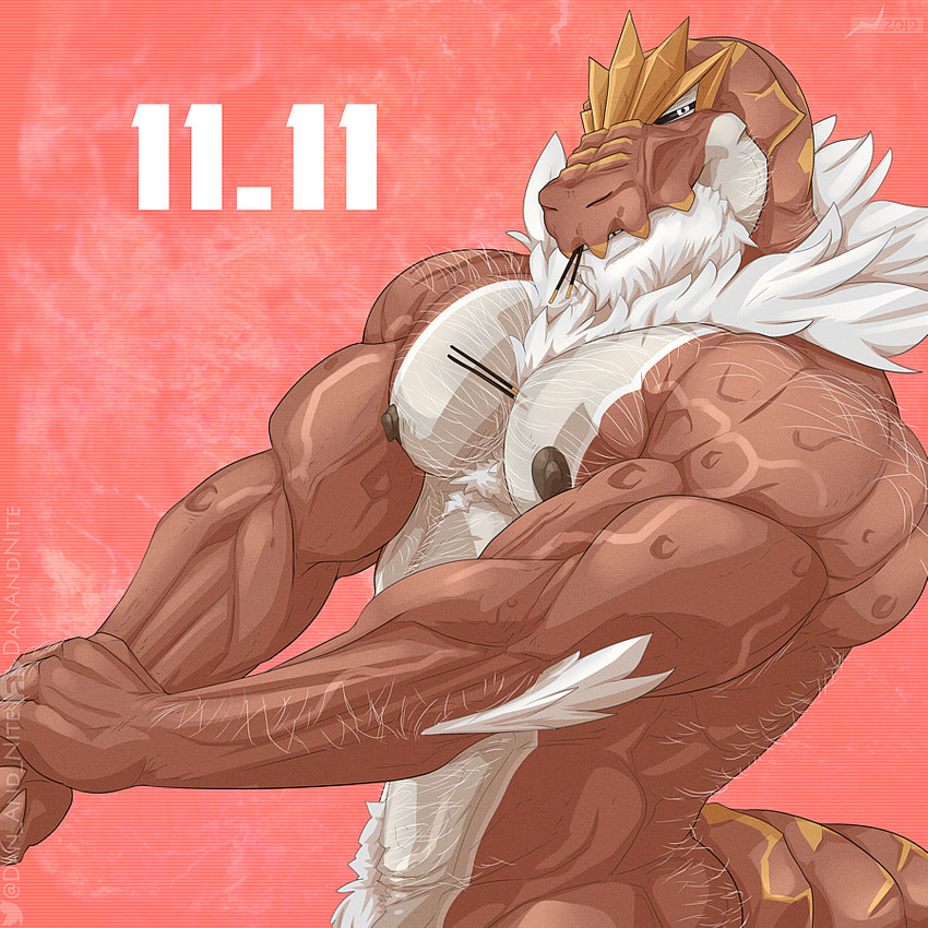 anthro armpit_hair barazoku beard body_hair candy chest_hair dessert facial_hair flexing food looking_at_viewer male mature_anthro mature_male muscular muscular_anthro muscular_male neck_tuft nipples nude number red_background simple_background solo tuft danandnite nintendo pocky pocky_and_pretz_day pokemon fossil_pokemon generation_6_pokemon pokemon_(species) scalie tyrantrum 1:1 2019 dated