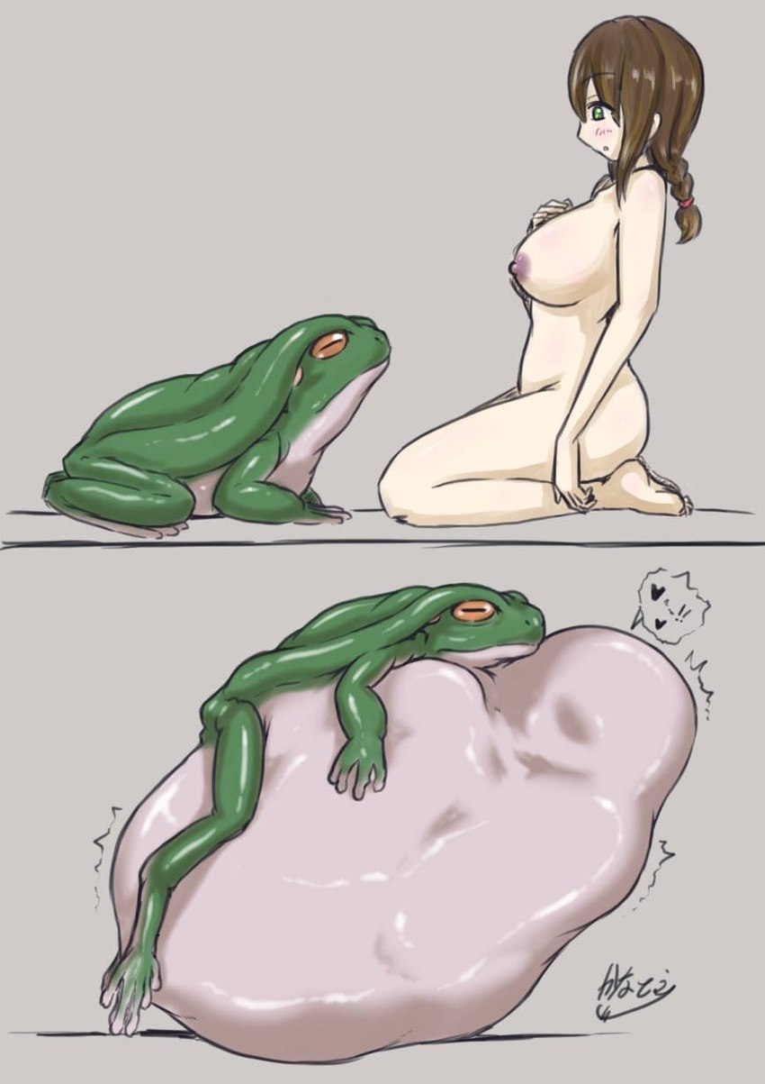 abdominal_bulge ambiguous_gender body_outline breasts curled_up duo exclamation_point female feral heart_symbol nipples rumbling_stomach size_difference smaller_pred squirming vore kaname amphibian frog human mammal hi_res