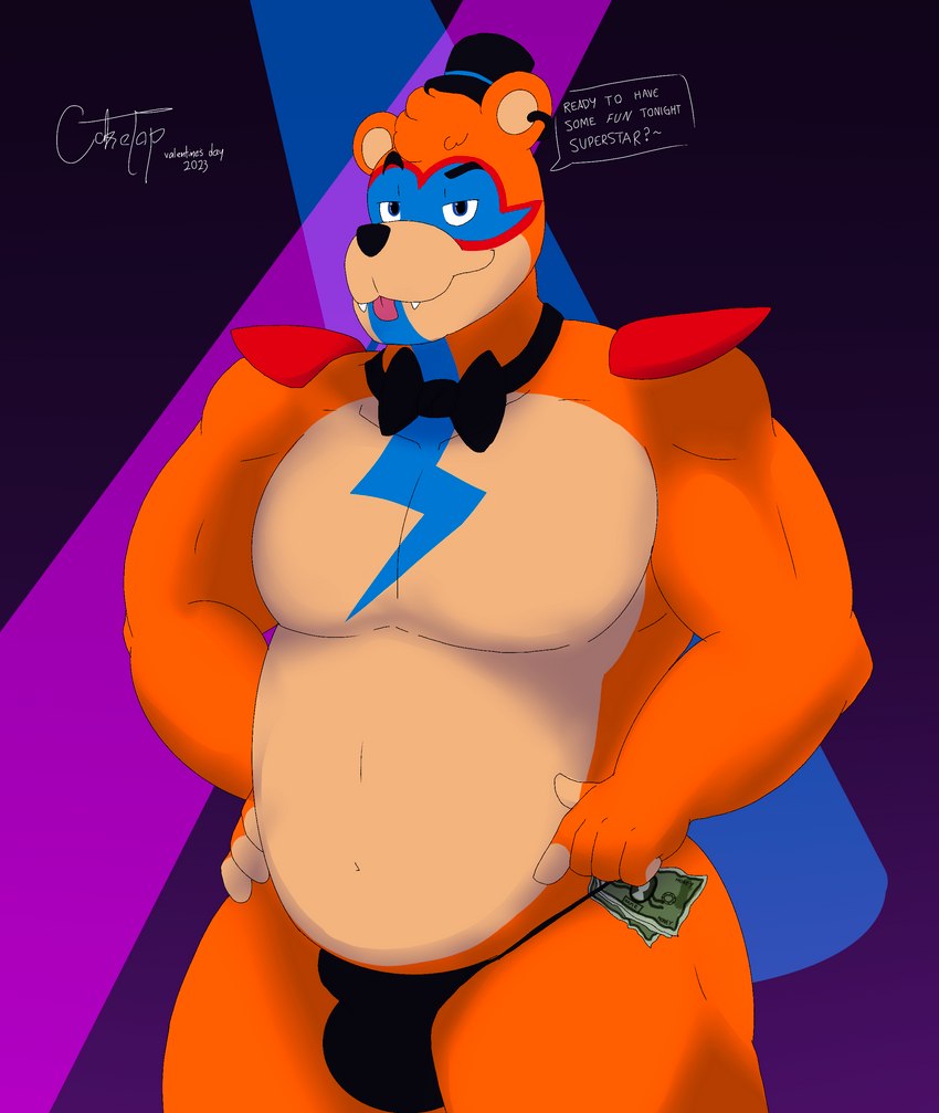 anthro brown_body bulge clothed clothing erection erection_under_clothing hat headgear headwear looking_at_viewer machine male male_stripper money_in_thong money_in_underwear musclegut muscular piercing smile solo text thong top_hat underwear cake_top five_nights_at_freddy's five_nights_at_freddy's:_security_breach scottgames steel_wool_studios glamrock_freddy animatronic bear mammal robot absurd_res digital_media_(artwork) hi_res