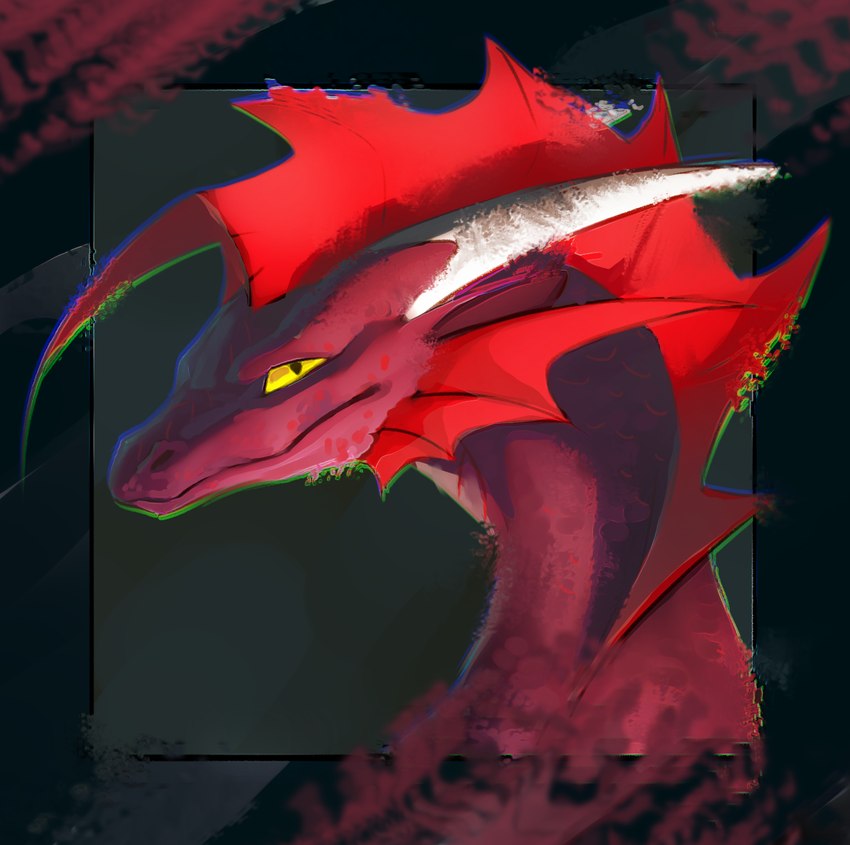 ambiguous_gender feral horn looking_at_viewer membrane_(anatomy) no_sclera red_body red_membrane red_scales scales solo white_horn yellow_eyes dsw7 mythology dragon mythological_creature mythological_scalie scalie hi_res