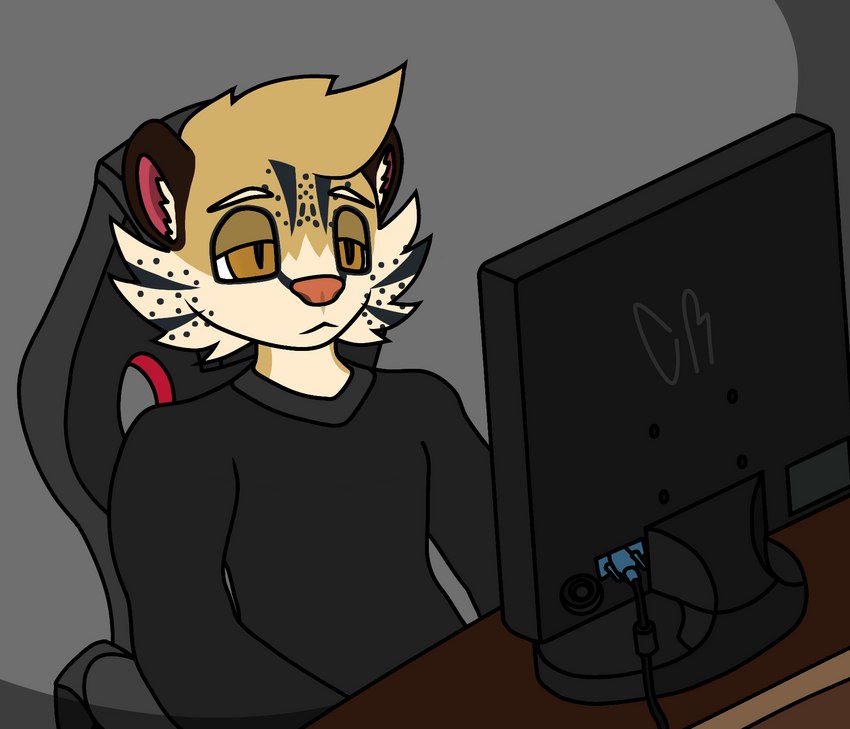 anthro bored clothed clothing computer desktop electronics gaming gaming_chair male monitor playing_video_game solo tired_eyes cyberrodrigo rodrigo_(cyberrodrigo) felid feline leopardus mammal ocelot hi_res