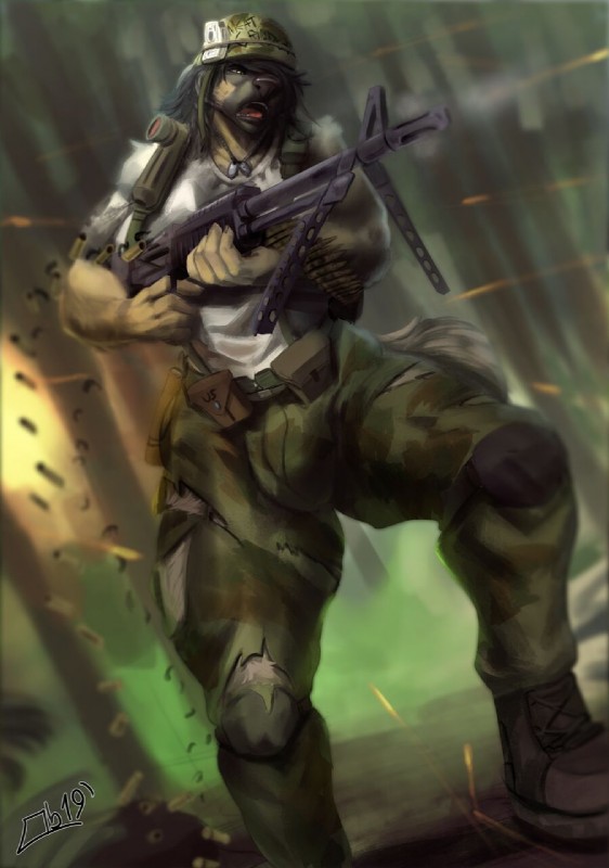 anthro armor bulge clothed clothing gun gynomorph headgear helmet intersex open_mouth ranged_weapon solo standing thick_thighs torn_clothing weapon obaum hermvivi hyena mammal spotted_hyena hi_res