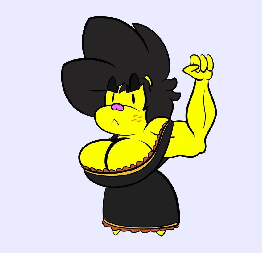 4_fingers anthro big_breasts black_hair breasts chibi clothing dress female fingers hair muscular muscular_arms pink_nose solo yellow_body kuge piku_(kuge) caviid guinea_pig mammal rodent