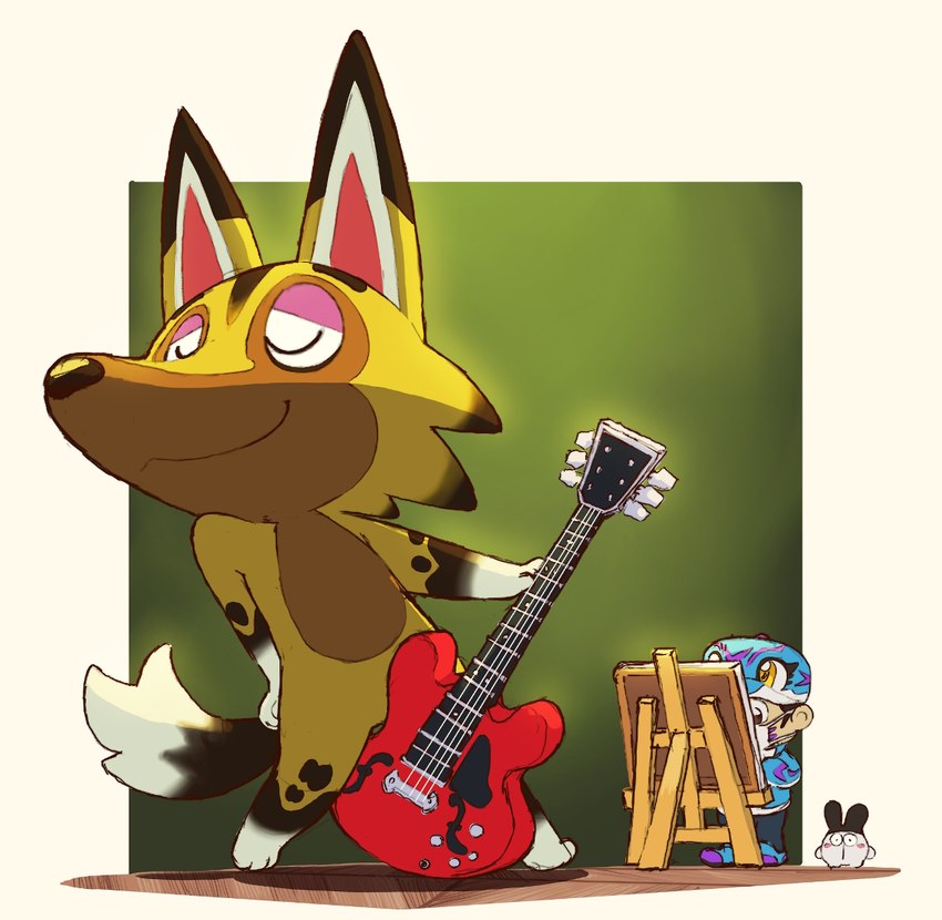 anthro brown_body brown_fur chibi duo featureless_crotch fur guitar male modelling musical_instrument nude nude_modelling nude_painting painting plucked_string_instrument smile string_instrument young dahecksajerry animal_crossing nintendo kyle_(animal_crossing) villager_(animal_crossing) canid canine canis human mammal wolf adult_(lore)