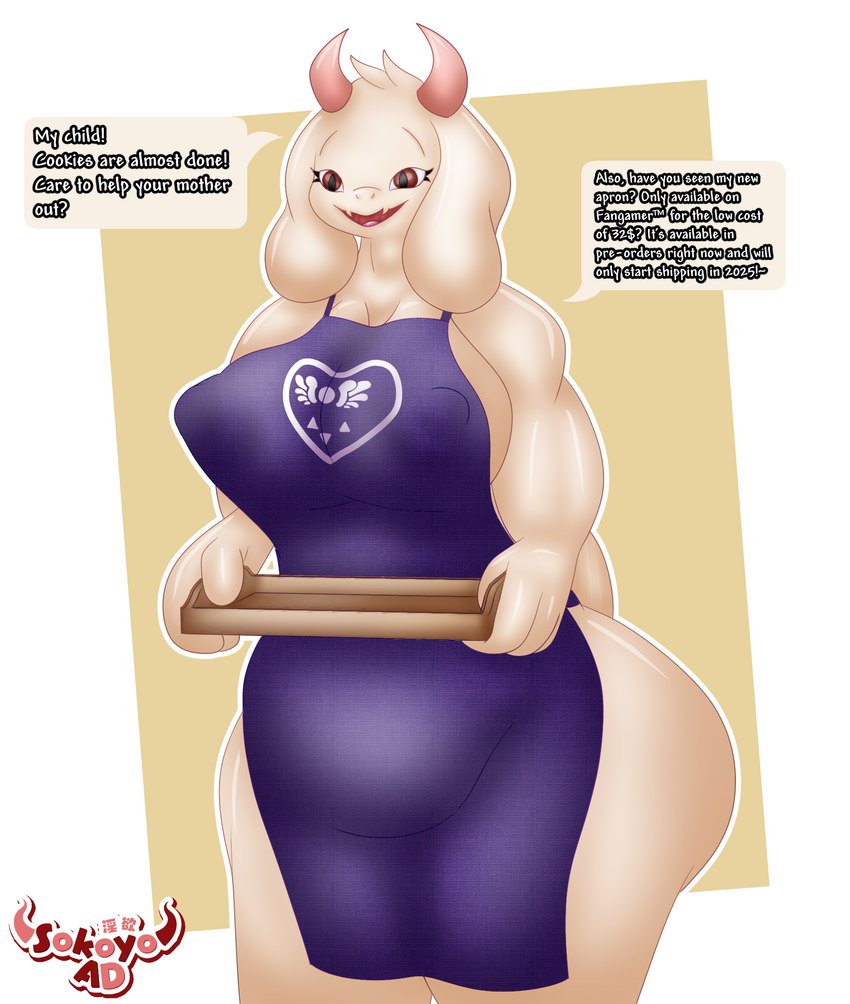 anthro apron apron_only big_breasts big_butt breasts butt clothing dialogue female fur holding_object horn mature_anthro mature_female nipple_outline open_mouth red_eyes simple_background slightly_chubby slightly_chubby_anthro slightly_chubby_female solo speech_bubble text thick_thighs white_body white_fur sokoyo_owo undertale undertale_(series) toriel boss_monster_(undertale) bovid caprine goat mammal hi_res