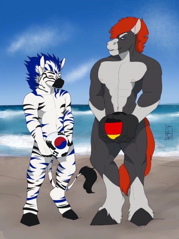 5_fingers anthro ball beach biped black_body black_eyebrows black_fur black_hooves black_stripes black_tail blue_body blue_eyes blue_fur blue_hair blue_sky blue_stripes blue_tail cloud convenient_censorship day detailed_background duo eyebrows fingerless_(marking) fingers front_view fur german_flag gloves_(marking) grey_body grey_fur grey_hooves hair holding_ball holding_object hooves korean larger_anthro larger_male looking_at_viewer male markings multicolored_body multicolored_fur multicolored_hair nipples nude outside red_hair red_tail sand sea seaside size_difference sky smaller_anthro smaller_male smile south_korea south_korean_flag standing striped_body striped_fur striped_markings striped_tail stripes tail tail_markings tail_tuft tuft two_tone_body two_tone_fur two_tone_hair two_tone_tail volleyball_(ball) water white_body white_eyebrows white_fur white_hair white_tail dalmysammy jodira zeb equid equine horse mammal zebra 2017 3:4 censored digital_media_(artwork) hi_res