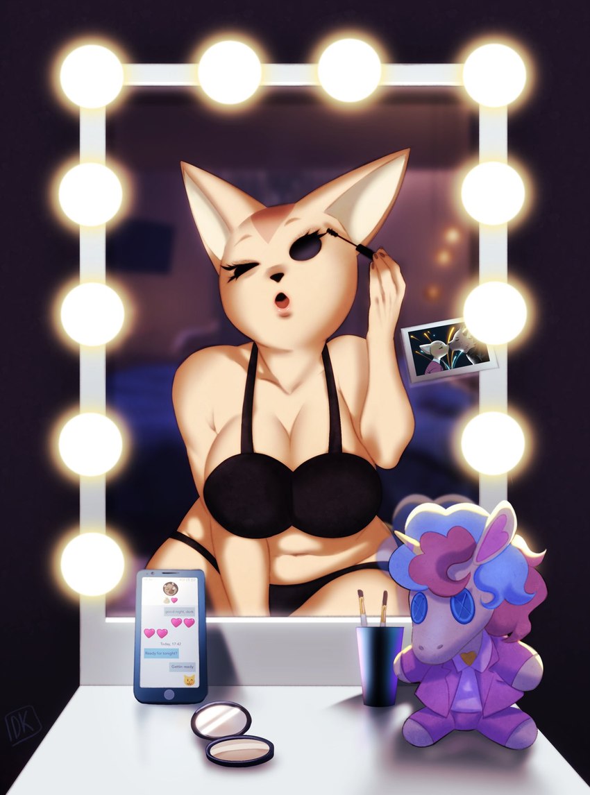 anthro applying_makeup bed biped black_bra black_clothing black_eyes black_panties black_underwear blue_hair bra breasts brown_body brown_fur brush button_(fastener) button_eyes cellphone cleavage clothed clothing container cup detailed_background electronics emoji eyebrows eyelashes female female_pov first_person_view fur furniture hair heart_symbol holding_brush holding_object horn inside kissing leaning leaning_forward makeup makeup_brush male male/female midriff mirror mirror_reflection multicolored_hair narrowed_eyes navel open_mouth panties personal_grooming phone photo pink_clothing pink_hair plushie reflection romantic romantic_couple slightly_chubby slightly_chubby_female smartphone solo squint standing tan_body tan_fur text_message thick_thighs tongue two_tone_hair underwear vanity_(furniture) vanity_mirror wide_hips darkriallet aggretsuko mythology sanrio fenneko haida_(aggretsuko) seiya_(aggretsuko) canid canine equid equine fennec_fox fox hyena mammal mythological_creature mythological_equine spotted_hyena true_fox unicorn digital_media_(artwork) hi_res portrait signature three-quarter_portrait