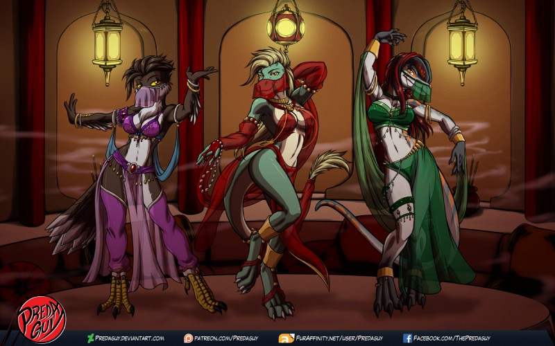 anthro belly_dancer breasts cleavage clothed clothing dancers dancing feathers female group harem_outfit jewelry looking_at_viewer navel nipples non-mammal_breasts smile tail text translucent translucent_clothing predaguy mythology cassandra_(sek-raktaa) juliana_(sek-raktaa) sek-raktaa avian bird dilophosaurid dilophosaurus dinosaur dragon falcon falconid mythological_creature mythological_scalie peregrine_falcon prehistoric_species reptile scalie theropod digital_media_(artwork) hi_res url