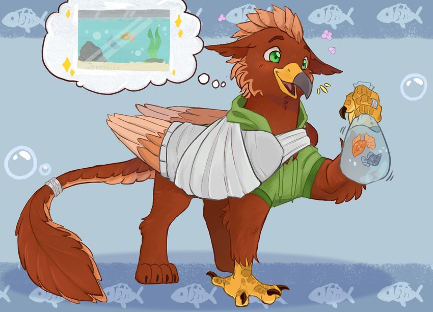 4_fingers 4_toes aquarium arm_tuft beak black_claws bottomwear broken_wing brown_body brown_feathers cast cheek_tuft claws clothing digitigrade facial_tuft feathered_crest feathered_ears feathered_tail feathered_wings feathers feet feral fingers fur green_clothing green_eyes grey_beak head_crest leg_tuft medical_sling multicolored_beak paws scuted_arms scuted_hands scutes shorts tail tail_tuft talons tan_body tan_feathers toes topwear tuft two_tone_beak vivarium wings wrist_tuft yellow_beak jennyfire mythology pavlos_andriades accipitrid accipitriform avian bird eagle fish golden_eagle gryphon marine mythological_avian mythological_creature true_eagle absurd_res hi_res nonbinary_(lore)