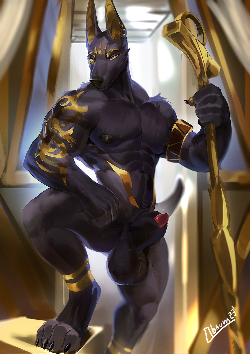 abs animal_genitalia animal_penis anthro balls big_balls big_pecs big_sheath biped black_balls black_body black_fur black_nipples black_nose black_sheath canine_genitalia canine_penis claws digitigrade finger_claws fur genitals gold_markings hand_on_butt huge_balls looking_at_viewer male markings muscular muscular_anthro muscular_male nipples pawpads paws pecs penis penis_tip red_penis sheath solo step_pose toe_claws yellow_eyes obaum kaphiri_(vic_johansen) anubian_jackal canid canine canis jackal mammal 2022 digital_media_(artwork) hi_res