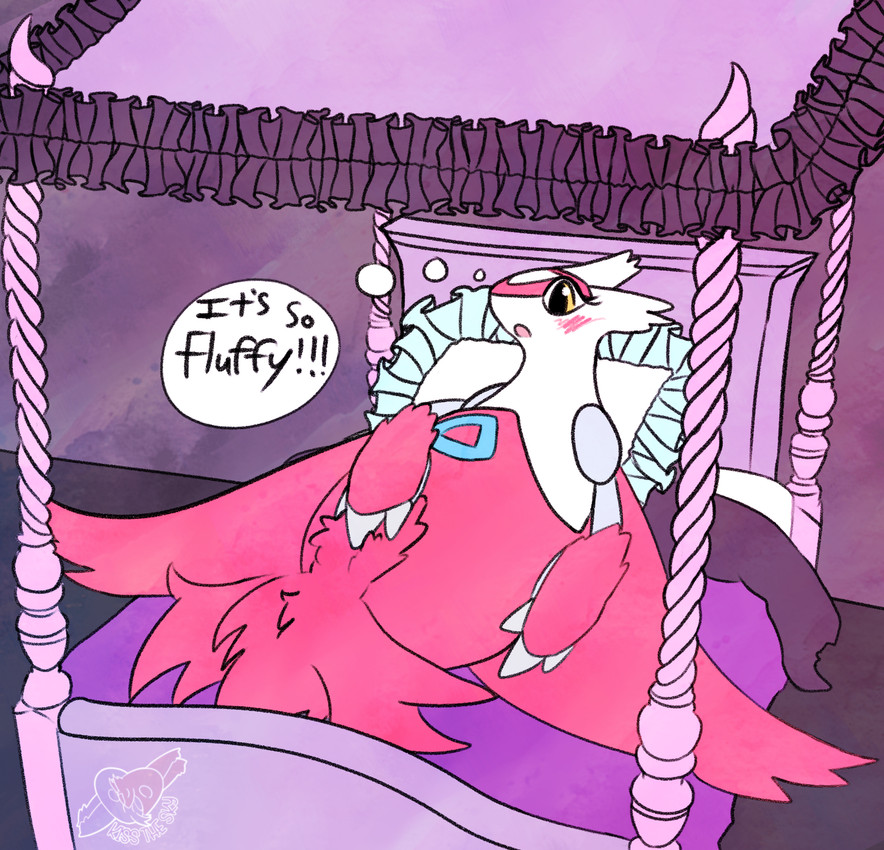 ambiguous_gender bed blush blush_lines feral fur furniture implied_transformation lying null on_back on_bed open_mouth pillow solo touching_self wings bloquito nintendo pokemon generation_3_pokemon latias legendary_pokemon pokemon_(species) absurd_res hi_res