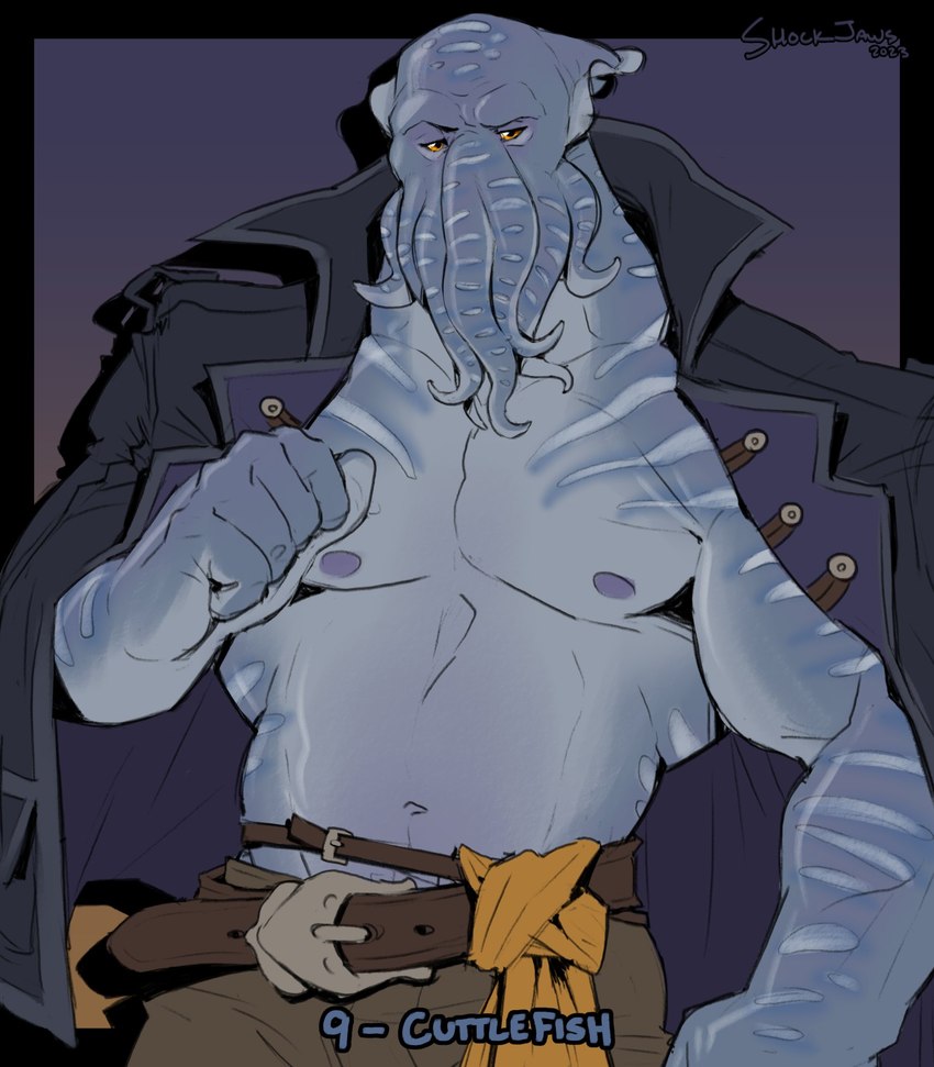 anthro barazoku belt biceps blue_body bottomwear clothed clothing jacket male muscular muscular_anthro muscular_male navel nipples non-mammal_nipples pants pecs solo topwear timdoodles cephalopod coleoid cuttlefish decapodiform marine mollusk werecuttlefish 2023 digital_media_(artwork) hi_res