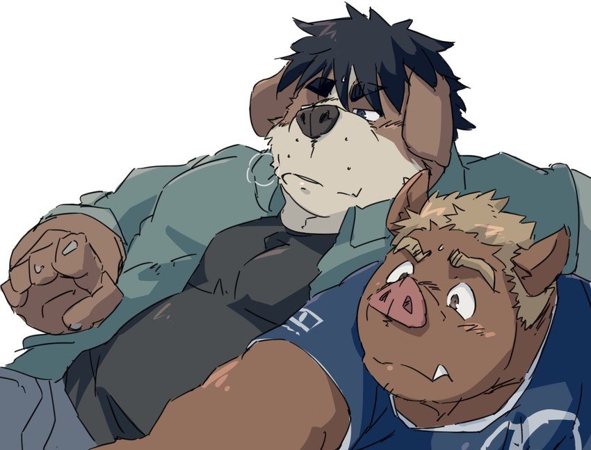 anthro brown_body brown_fur clothing duo fur humanoid_hands kemono male overweight overweight_male shirt simple_background topwear white_background train_(artist) canid canine canis domestic_dog domestic_pig mammal suid suina sus_(pig) 2021