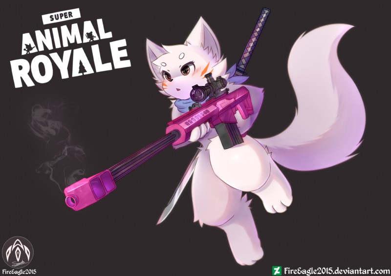 anthro blush gun jumping katana male melee_weapon ranged_weapon smoke sniper solo sword text weapon senz pixile_studios super_animal_royale lyricwulf canid canine canis mammal wolf 2019 hi_res url