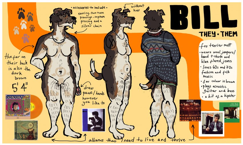 3_fingers 3_toes album anthro arrow_sign black_eyes black_nose blue_clothing blue_sweater blue_topwear border boxers_(clothing) breasts brown_body brown_fur brown_hair chest_tuft clothing ear_piercing ear_ring facial_piercing featureless_breasts featureless_crotch feet fingers floppy_ears fluffy fluffy_tail footprint front_view fur green_boxers green_clothing green_underwear group gynomorph hair hand_on_hip intersex jewelry male multicolored_body multicolored_fur navel necklace nose_piercing nose_ring nude pawpads pawprint piercing pink_pawpads pubes rear_view ring_piercing short_hair side_view slightly_chubby slightly_chubby_gynomorph slightly_chubby_intersex small_breasts standing sweater tail text toes topwear tuft underwear white_body white_border white_fur flockdog bob_dylan neutral_milk_hotel the_pentangle bert_jansch bill_(flockdog) donovan_phillips_leitch nick_drake canid canine canis domestic_dog fox_terrier human mammal colored digital_media_(artwork) english_text hi_res model_sheet nonbinary_(lore) trans_(lore) trans_man_(lore)