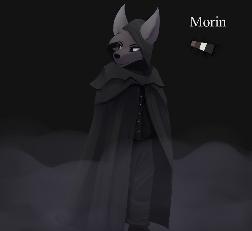 anthro black_background black_bottomwear black_cloak black_clothing black_nose black_pants bottomwear cloak clothed clothing fully_clothed fur grey_body grey_fur male pants simple_background solo rifykoh canid canine canis mammal wolf 2023 digital_drawing_(artwork) digital_media_(artwork)