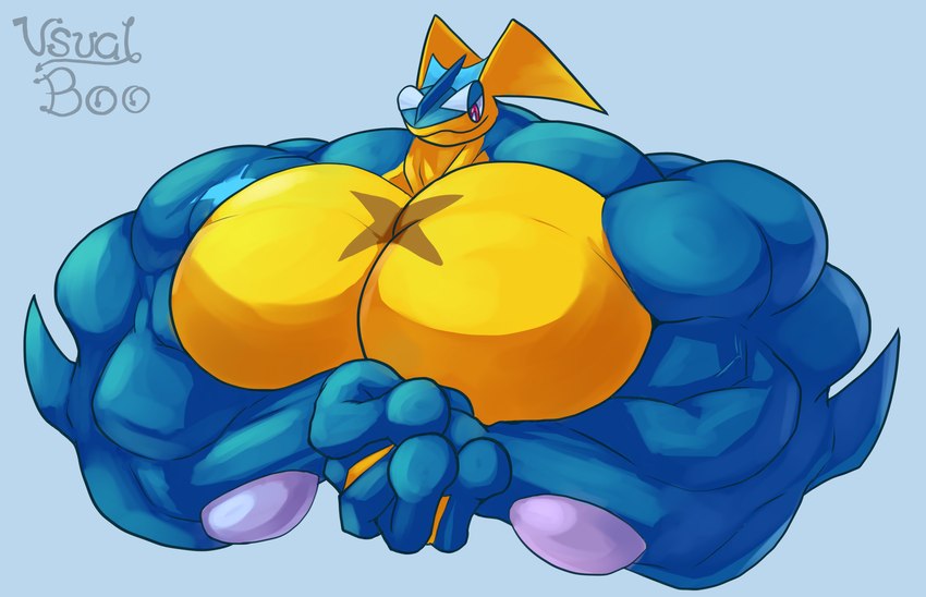 anthro biceps big_biceps big_muscles big_pecs blue_body blue_skin huge_muscles hyper hyper_muscles looking_at_self male muscular muscular_anthro muscular_male pecs red_eyes scar simple_background smile solo text yellow_body yellow_skin unusualboo54 nintendo pokemon zen_(unusualboo54) amphibian frog generation_6_pokemon greninja pokemon_(species) scalie 2022 absurd_res colored digital_drawing_(artwork) digital_media_(artwork) english_text half-length_portrait hi_res portrait shaded watermark