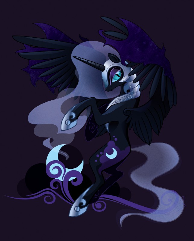 black_body black_feathers feathered_wings feathers female flying frutiger_metro hair horn moon solo wings sambaneko friendship_is_magic hasbro my_little_pony mythology nightmare_moon_(mlp) equid equine mammal mythological_creature mythological_equine winged_unicorn hi_res