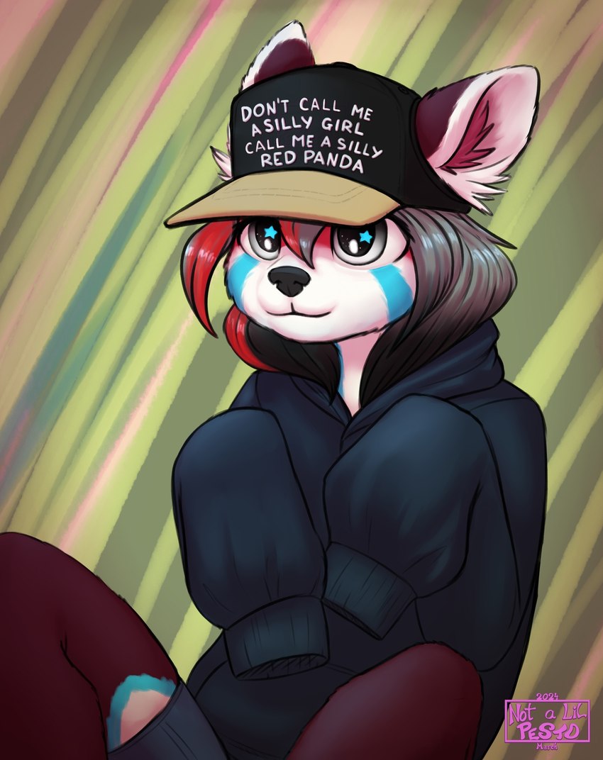 anthro clothed clothing ears_through_headwear female fluffy_ears furgonomic_headwear furgonomics hat headgear headwear highlights_(coloring) hoodie silly solo star_eyes text topwear not_a_lil_pesto mika_zixien ailurid mammal red_panda english_text hi_res