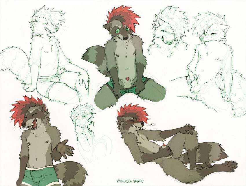 5_fingers animal_genitalia anthro balls biped claws clothed clothing countershade_fur countershade_torso countershading erection fingers fur genitals green_clothing green_underwear hair male masturbation open_mouth open_smile paws penile penile_masturbation penis sheath smile solo tail topless topless_anthro topless_male underwear underwear_only matuska anzu_(anzuviusraccoonus) mammal procyonid raccoon