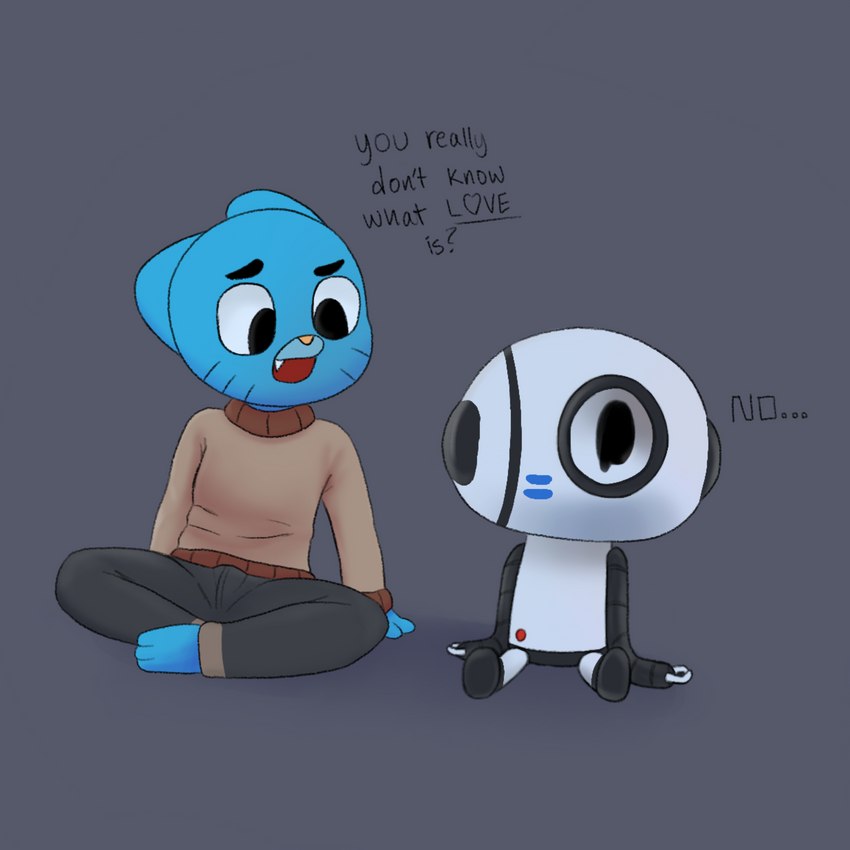 anthro duo machine male male/male sad sitting young young_anthro imobi cartoon_network the_amazing_world_of_gumball bobert_6b gumball_watterson domestic_cat felid feline felis mammal robot 1:1 absurd_res hi_res