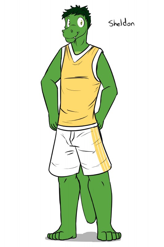 anthro clothed clothing fully_clothed male shirt simple_background solo tank_top topwear white_background fuze texnatsu sheldon_abel alligator alligatorid crocodilian reptile scalie 2:3 absurd_res character_name hi_res