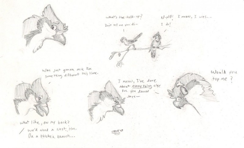 ambiguous_gender dialogue feral in_tree plant text tree windpaw evan_(windpaw) timothy_(windpaw) avian bird blue_jay corvid jay_(bird) new_world_jay oscine passerine shrike comic english_text monochrome traditional_media_(artwork)