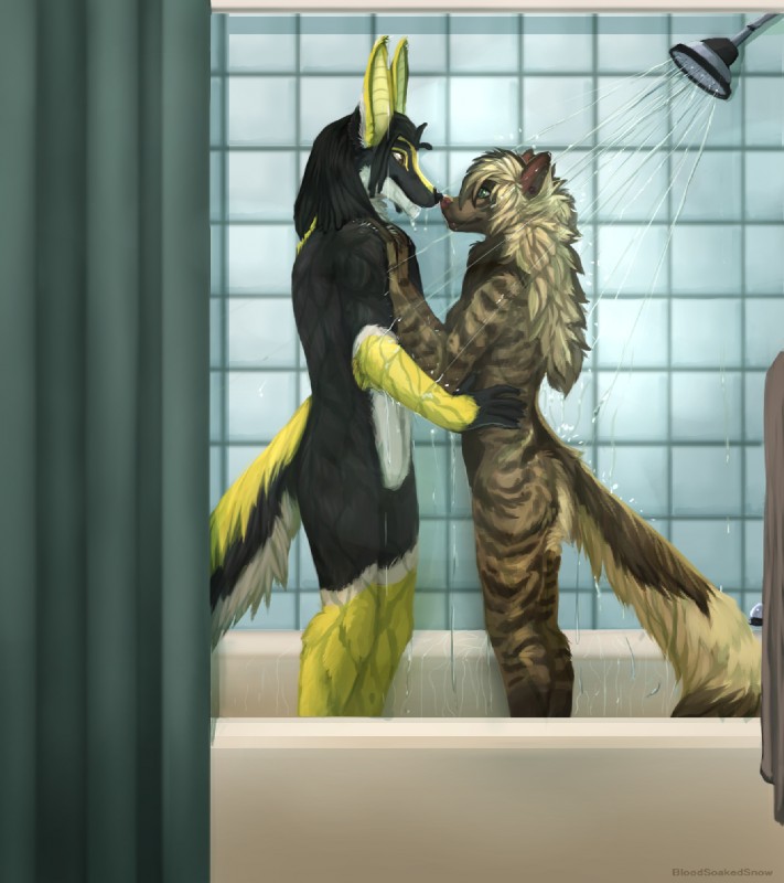 anthro bathing bathroom bathtub black_body black_fur black_hair black_nose black_tail breasts brown_body brown_eyes brown_fur brown_nose brown_tail butt cheek_tuft chest_tuft countershading detailed_background dreadlocks dripping duo ear_piercing eye_contact eyebrows facial_tuft featureless_crotch female fur green_eyes hair hand_on_chest hand_on_hip inside long_hair looking_at_another male multicolored_body multicolored_fur nose_to_nose nude piercing reverse_countershading romantic romantic_couple short_hair shower shower_curtain shower_head showering side_view smile striped_body striped_fur stripes tail tan_body tan_fur tan_hair tan_tail tile tuft two_tone_body two_tone_fur wet wet_body wet_fur white_body white_fur white_tail yellow_body yellow_fur yellow_tail bloodsoakedsnow gina_(darkspot) wilson_(wilsonjackal) canid canine canis hyena jackal mammal striped_hyena