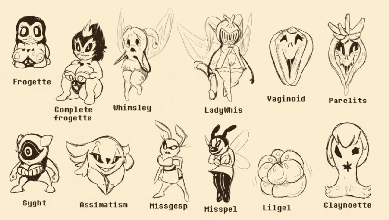 alternate_universe breasts clothed clothing female flying genitals nipples nude pussy simple_background sitting standing white_background wings thewill under(her)tail undertale undertale_(series) astigmatism final_froggit frogette_(under(her)tail) loox migosp migospel moldessa moldsmal parsnik vegetoid whimsalot whimsun arthropod froggit goo_creature monster