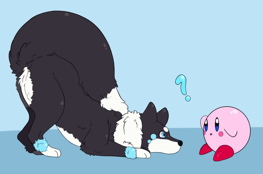 ambiguous_gender black_body black_fur black_nose blue_background blue_body blue_eyes blue_fur duo feral fluffy fluffy_tail fur neck_tuft simple_background tail tuft white_body white_fur parooty kirby_(series) nintendo kirby skib canid canine canis domestic_dog fox hybrid mammal