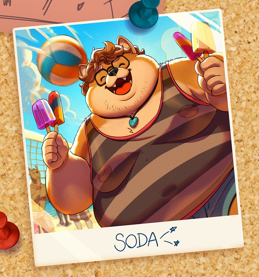 5_fingers anthro areola ball beach biped blue_bottomwear blue_clothing blue_shorts bottomwear brown_body brown_fur brown_hair clothing cloud detailed_background eyewear fingers food fur glasses group hair holding_food holding_object holding_popsicle jewelry low-angle_view male moobs motion_lines necklace net nipples obese obese_anthro obese_male overweight overweight_anthro overweight_male pattern_clothing pattern_shirt pattern_tank_top pattern_topwear polaroid_photo popsicle sea seaside shirt shorts sky smile solo_focus sport striped_clothing striped_shirt striped_tank_top striped_topwear stripes tan_body tan_fur tank_top teeth text thumb_tack tongue topwear translucent translucent_clothing translucent_shirt translucent_tank_top translucent_topwear volleyball volleyball_(ball) volleyball_net water wearing_glasses guffaw canid canine canis domestic_dog mammal