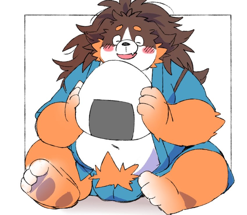 3_toes anthro belly black_nose blush brown_body eyes_closed feet food kemono male navel onigiri open_mouth overweight overweight_male rice sitting solo toes white_body inunoshippo vtuber bernese_mountain_dog canid canine canis domestic_dog mammal molosser mountain_dog swiss_mountain_dog 2024 shaded simple_shading