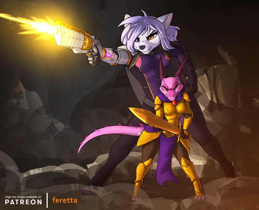 abstract_background angry anthro armor blood bodily_fluids bodysuit clothing damaged_clothing duo female firing_weapon fur gun hair handgun heterochromia horn melee_weapon orange_eyes pink_body pink_skin prosthetic prosthetic_arm prosthetic_limb purple_eyes purple_hair ranged_weapon revolver shooting skinsuit sword tight_clothing weapon white_body white_fur feretta rey_(reaperonico) arctic_fox canid canine fox kobold mammal scalie true_fox 2025 hi_res