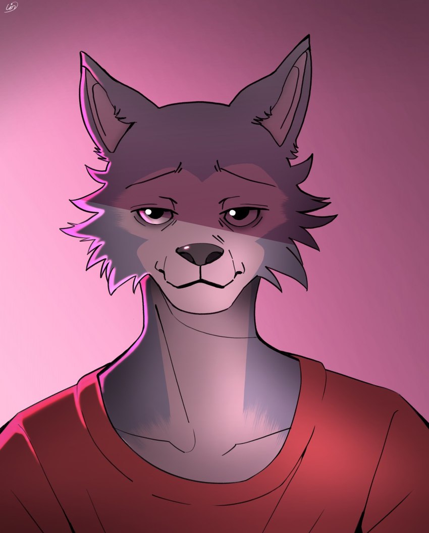 anthro blue_body blue_fur cheek_tuft clothed clothing facial_tuft front_view fur gradient_background grey_nose male mouth_closed narrowed_eyes red_clothing red_shirt red_topwear shirt simple_background solo topwear tuft white_body white_fur 100racs beastars legoshi_(beastars) canid canine canis mammal wolf 2020 hi_res