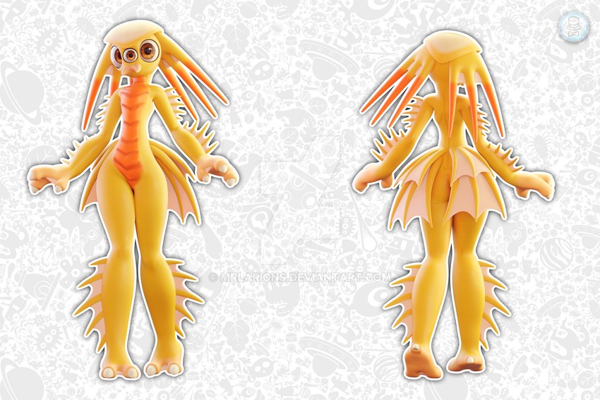 2_toes 3_eyes 3_fingers anthro arm_fin biped bubble_butt butt butt_fin countershade_torso countershading deviantart_logo ear_fins feet female fin fingers front_view leg_fins logo mandibles multi_eye narrow_shoulders orange_body orange_eyes pattern_background rear_view shell simple_background slim_female small_waist solo toes wide_hips yellow_body mrlarions deviantart electronic_arts maxis_(ea) spore_(game) andita alien alien_humanoid humanoid marine 3:2 3d_(artwork) artist_logo digital_media_(artwork) hi_res model_sheet watermark