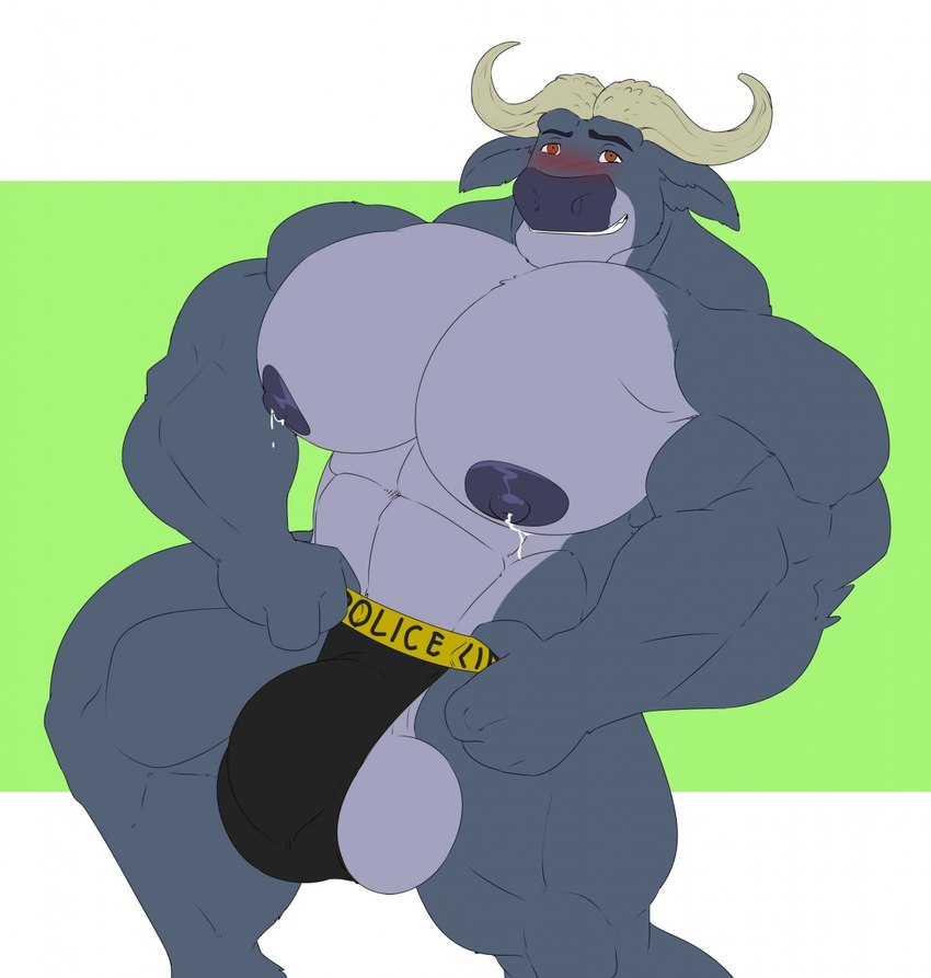 anthro ball_slip balls big_balls big_pecs blue_nipples blush bodily_fluids bulge clothed clothing genitals horn jockstrap jockstrap_only lactating looking_at_viewer male male_lactation milk_drip muscular muscular_male nipples pecs solo text topless underwear underwear_only kartos disney littlewolf112 zootopia chief_bogo bovid bovine cape_buffalo mammal 2019 english_text hi_res