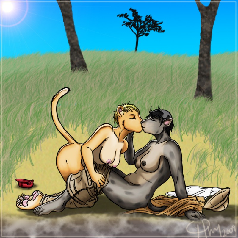 africa anthro areola black_body black_fur black_hair black_nipples blonde_hair breasts clothing duo female female/female fur hair kissing navel nipples orange_body orange_fur shirt tail topwear transformation undressing water white_clothing white_shirt white_topwear amara_burrger fernin felid human hyena lion mammal pantherine spotted_hyena 1:1