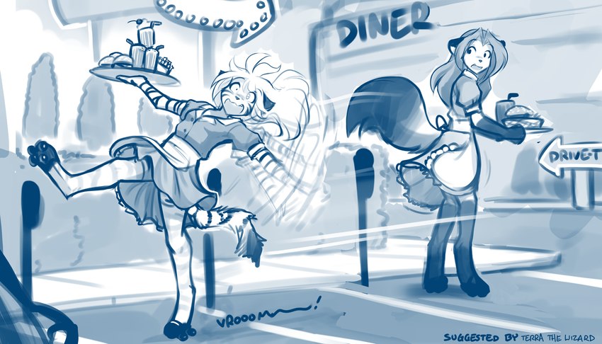 1950s_theme anthro apron beverage burger carhop clothed clothing digitigrade diner dress duo fail female food holding_tray humor legwear looking_aside looking_at_another open_mouth quad_skates restaurant roller_skates shocked sign stumbling thigh_highs waiter waitress_uniform waving_arms conditional_dnp tom_fischbach twokinds flora_(twokinds) laura_(twokinds) canid canine felid fox keidran mammal pantherine tiger 2024 7:4 adobe_photoshop_(artwork) blue_and_white digital_media_(artwork) hi_res monochrome sketch