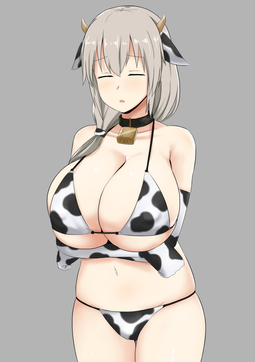 animal_print big_breasts bikini breasts cleavage clothed clothing collar cow_print cowbell eyes_closed female huge_breasts nipple_outline simple_background solo swimwear two-piece_swimsuit nao_(artist) animal_humanoid bovid bovid_humanoid bovine bovine_humanoid humanoid mammal mammal_humanoid digital_media_(artwork) hi_res shaded