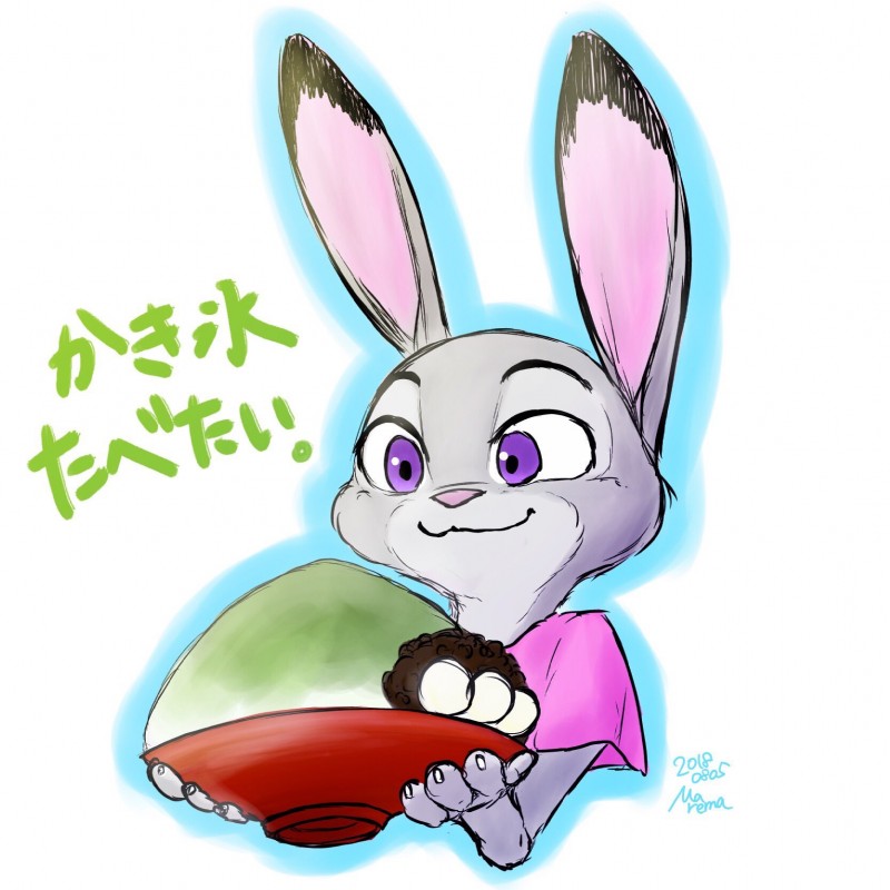 ambiguous_gender anthro bowl clothed clothing container dessert dipstick_ears ear_markings food fur grey_body grey_fur holding_food holding_object multicolored_ears pink_nose shaved_ice shirt simple_background smile solo t-shirt text topwear white_background marema_kishin disney zootopia judy_hopps lagomorph leporid mammal rabbit 1:1 2018 digital_media_(artwork) hi_res japanese_text