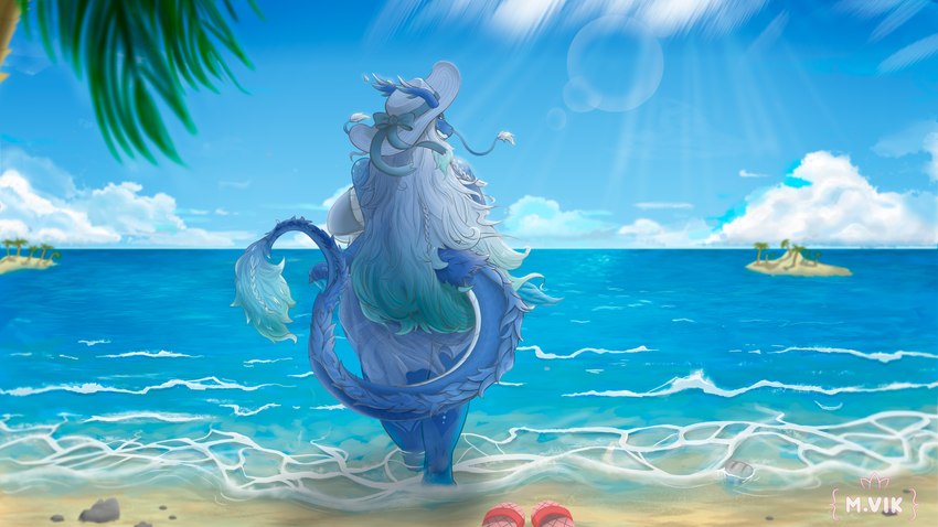 anthro beach big_breasts bikini bikini_bottom bikini_top blue_body breasts clothing cloud female hair hat headgear headwear horn island lens_flare long_hair male palm_tree plant sand sea sky slightly_chubby slightly_chubby_female solo swimwear tail tail_tuft tree tuft two-piece_swimsuit water wave mvikt mythology dragon mythological_creature mythological_scalie scalie 16:9 4k absurd_res hi_res widescreen