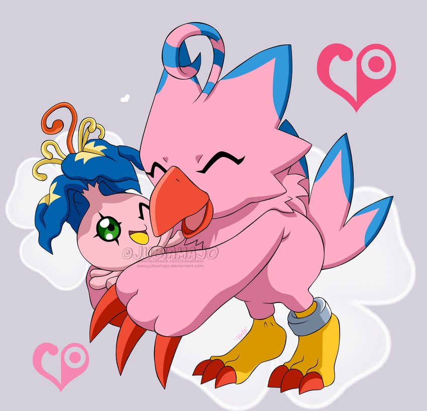 3_toes ambiguous_gender beak blue_markings claws crest_of_love digimon_crest duo eyes_closed feet female feral hug looking_at_another markings open_beak open_mouth pink_body plant red_beak red_claws ring simple_background standing symbol tail tail_markings toe_claws toes tongue tuft yellow_feet jubiamajo bandai_namco digimon avian biyomon digimon_(species) elemental_creature flora_fauna waddling_head yokomon absurd_res digital_media_(artwork) hi_res