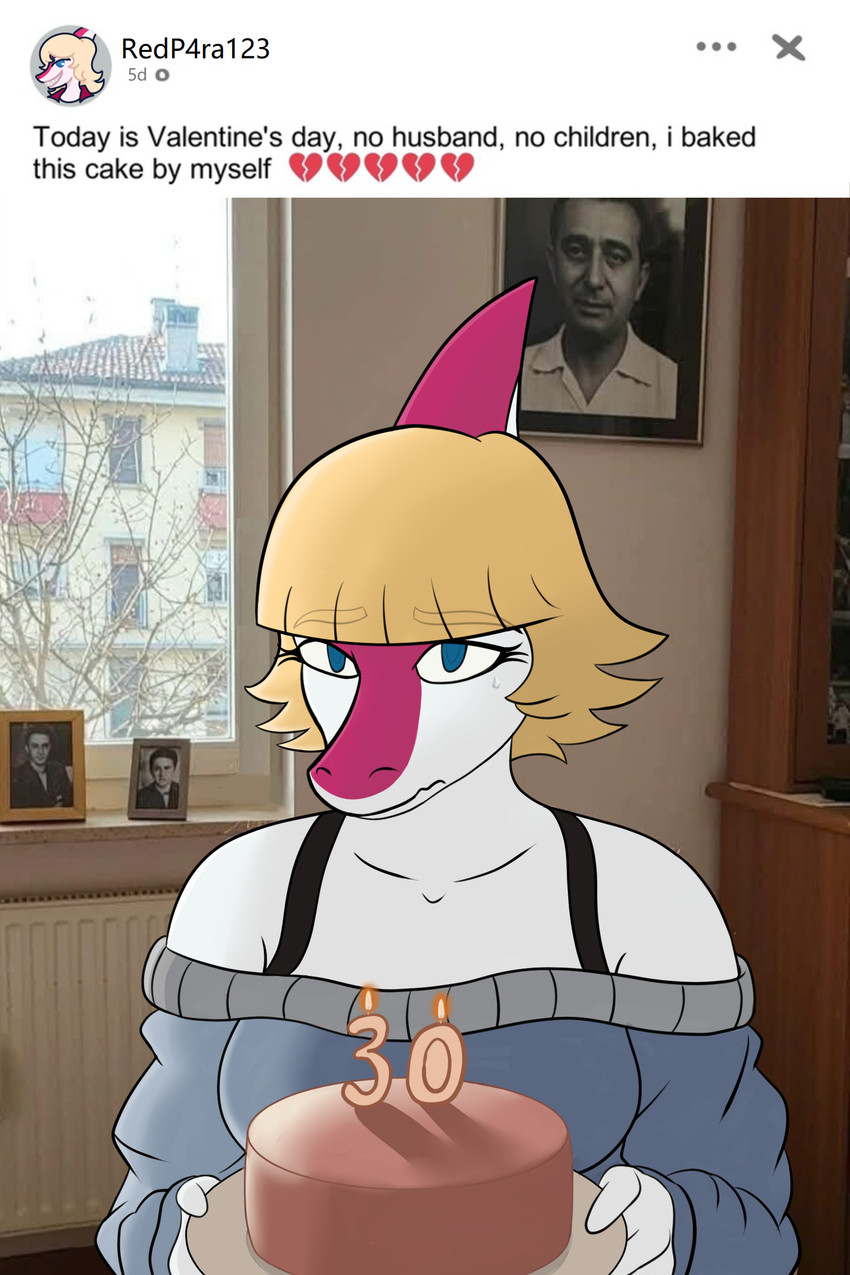 anthro bangs biped birthday_cake blonde_hair blue_clothing blue_eyes blue_sweater blue_topwear bodily_fluids bone_frill breasts broken_heart cake clothed clothed_anthro clothed_female clothing crying day dessert emoji eyebrow_through_hair eyebrows female fingers food frill_(anatomy) front_view frown hair holding_cake holding_food holding_object humanoid_hands inside looking_at_viewer medium_hair multicolored_body multicolored_scales non-mammal_breasts picture_frame pink_body pink_scales real sad scales shoulderless_sweater social_media solo sweater tears text topwear translucent translucent_hair two_tone_body two_tone_scales white_body white_scales window big_daddy_(artist) cavemanon_studios facebook i_wani_hug_that_gator mia_moretti dinosaur hadrosaurid ornithischian ornithopod parasaurolophus prehistoric_species reptile scalie 2025 2:3 absurd_res colored digital_media_(artwork) english_text hi_res photography_(artwork) shaded