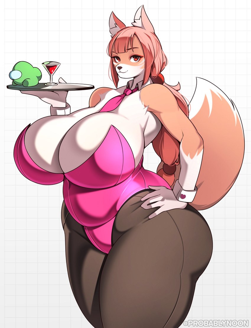 anthro big_breasts breasts bunny_costume clothing costume eyebrows female hand_on_hip looking_at_viewer pink_clothing red_eyes solo tail probablynoon among_us innersloth crewmate_(among_us) canid canine fox mammal 2024 hi_res