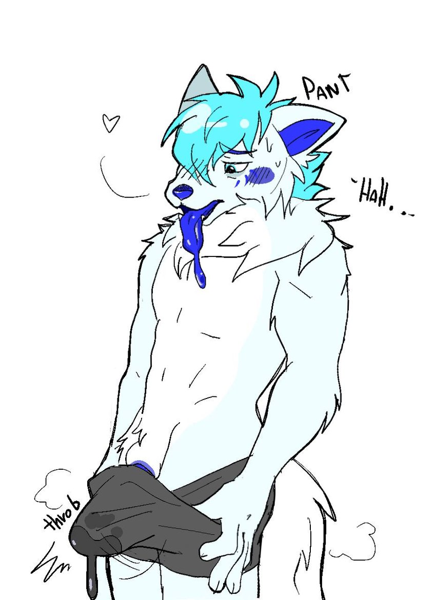 anthro aroused aroused_face bodily_fluids bottomwear breath clothing dripping genital_fluids male panting pants pent_up precum precum_drip saliva saliva_drip saliva_on_tongue simple_background solo white_background foxpudding demi_(demirramon) canid canine canis fox hybrid mammal wolf hi_res
