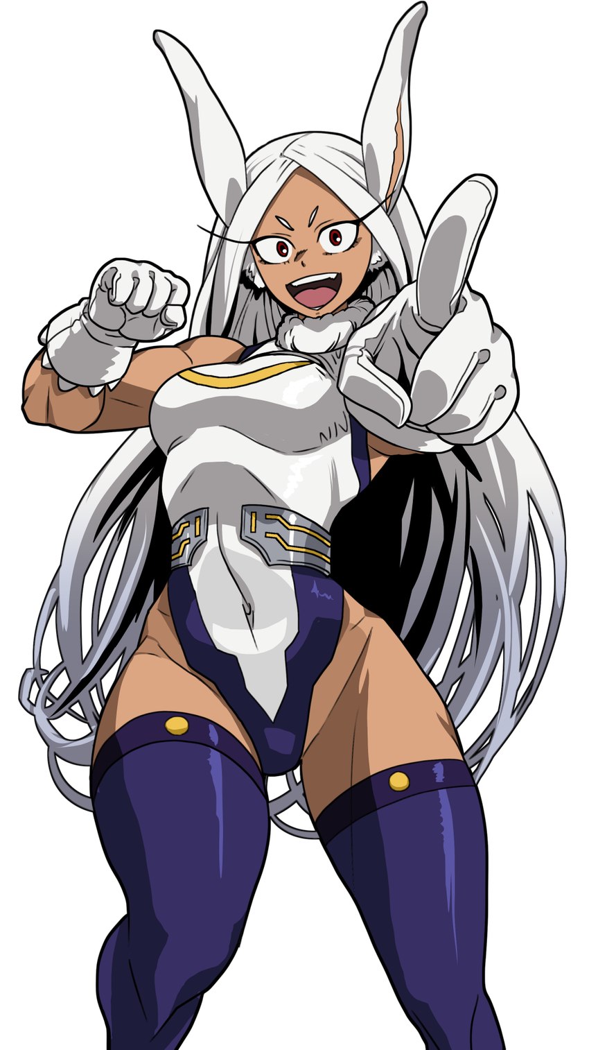 animal_ears blue_clothing blue_legwear blue_thigh_highs breasts clothing dark_body dark_skin eyelashes female fur gesture gloves hair hand_gesture handwear legwear leotard long_hair looking_at_viewer muscular muscular_female navel_outline open_mouth open_smile pointing pointing_at_viewer red_eyes simple_background smile solo thick_thighs thigh_highs white_background white_body white_clothing white_fur white_gloves white_hair white_handwear white_leotard wide_hips oggy my_hero_academia rumi_usagiyama animal_humanoid humanoid lagomorph lagomorph_humanoid leporid_humanoid mammal mammal_humanoid rabbit_humanoid hi_res