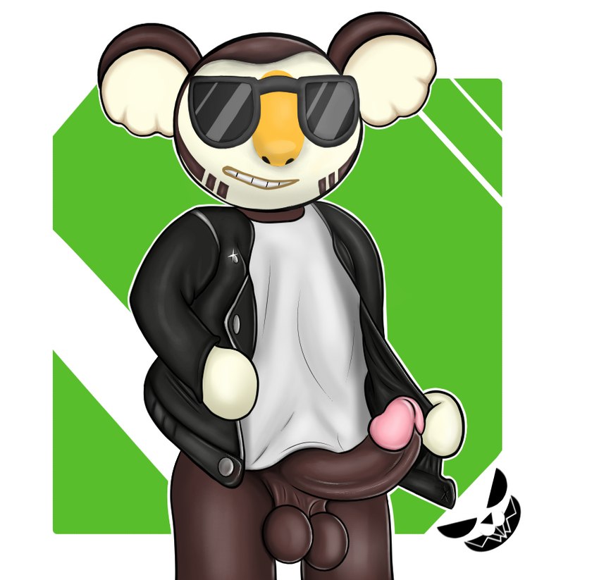 anthro balls big_balls big_penis clothed clothing eyewear facial_hair genitals glint jacket male open_clothing open_jacket open_topwear outline penis presenting presenting_penis sideburns simple_background smug solo sunglasses topwear pepperbunny animal_crossing nintendo eugene_(animal_crossing) koala mammal marsupial vombatiform watermark