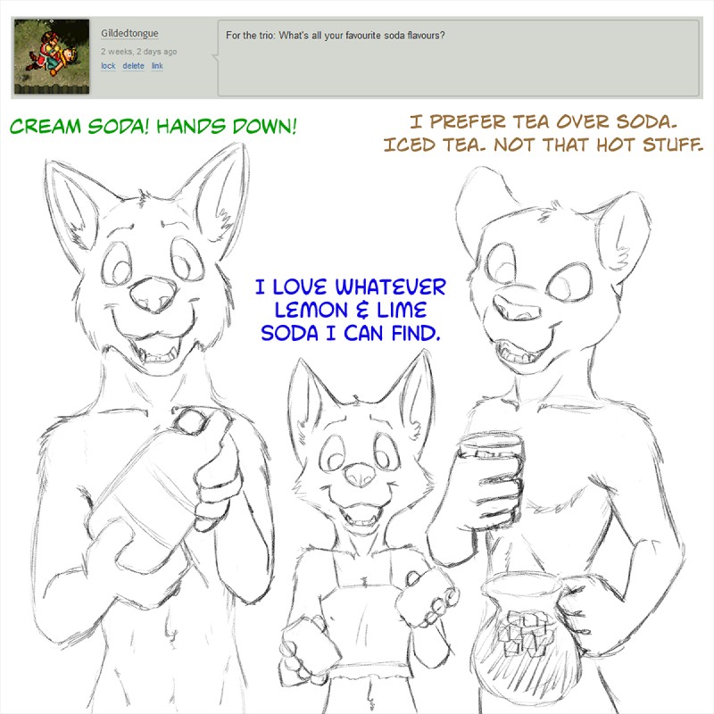 anthro beverage clothed clothing dialogue female flat_chested fur group looking_at_viewer male nude open_mouth question simple_background smile text young young_anthro misterpickleman taylor_knight tristan_knight victor_mccain canid canine canis felid mammal pantherine wolf 1:1 2018 digital_drawing_(artwork) digital_media_(artwork) english_text hi_res brother_(lore) sibling_(lore) sister_(lore)