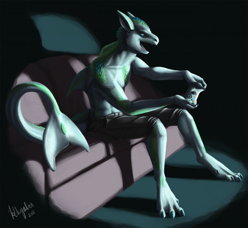 anthro bent_legs bottomwear clothed clothing controller dark digitigrade fin furniture game_controller gaming holding_controller holding_game_controller holding_object legs_over_edge male open_mouth over_edge pants playing_video_game shadow shorts sofa solo spines spotlight tail tail_fin tongue topless xbox_360_controller xbox_controller khyaber microsoft xbox xbox_360 xbox_game_studios procene cetacean dolphin hybrid lizard mammal marine oceanic_dolphin reptile scalie toothed_whale 2011